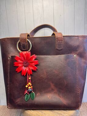 Red Dahlia Purse Charm Genuine Leather Flower Red Bag Charm NEW FAST SHIP